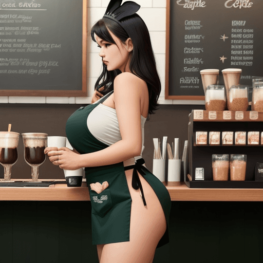 AI generated: Cool beauty，Looks sweet, only wearing dark green starbucks apron, off-shoulders, show clavage, show ...