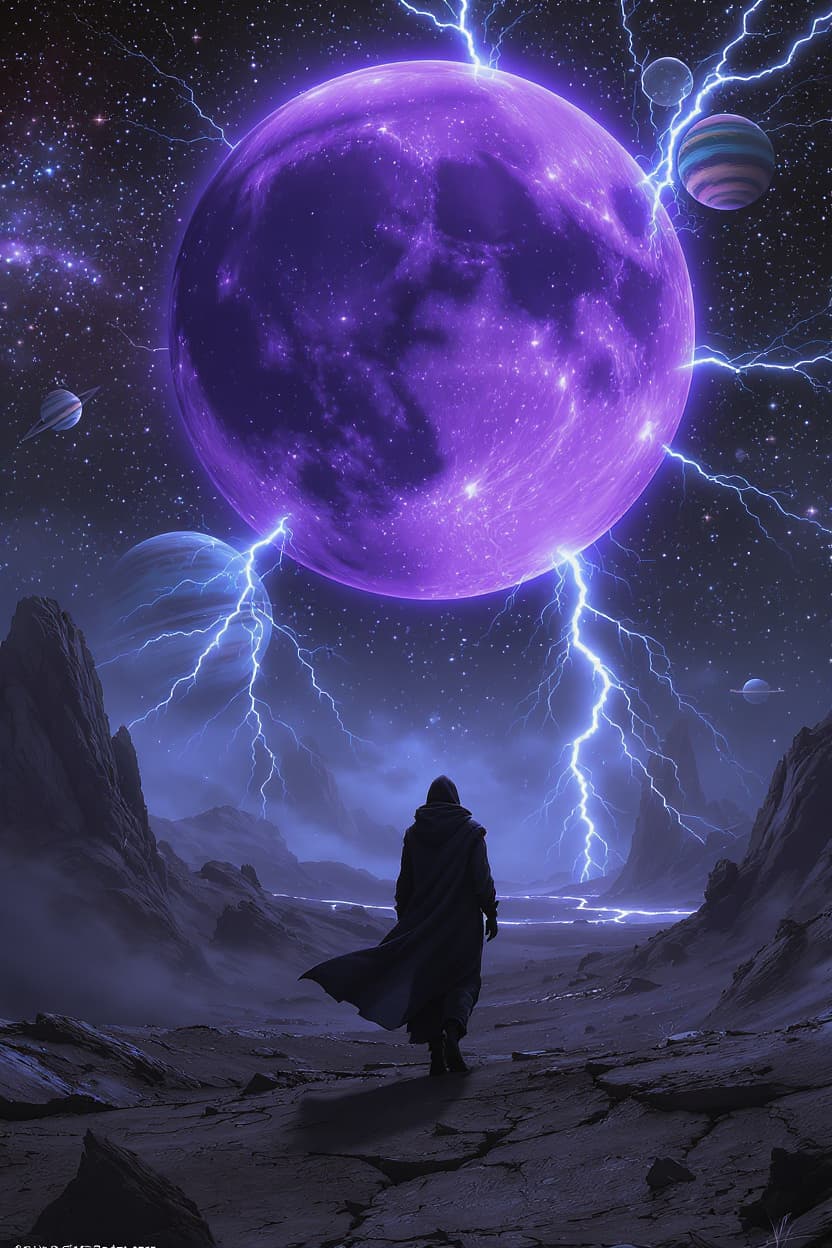 AI generated: a gorgeous out of this world girl standing by the dystopian end of the world landscape, the moon is ...