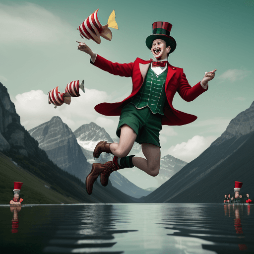 AI generated: Juggler without beard in shorts and jacket with dark green and scarlet red stripes, with a top hat a...