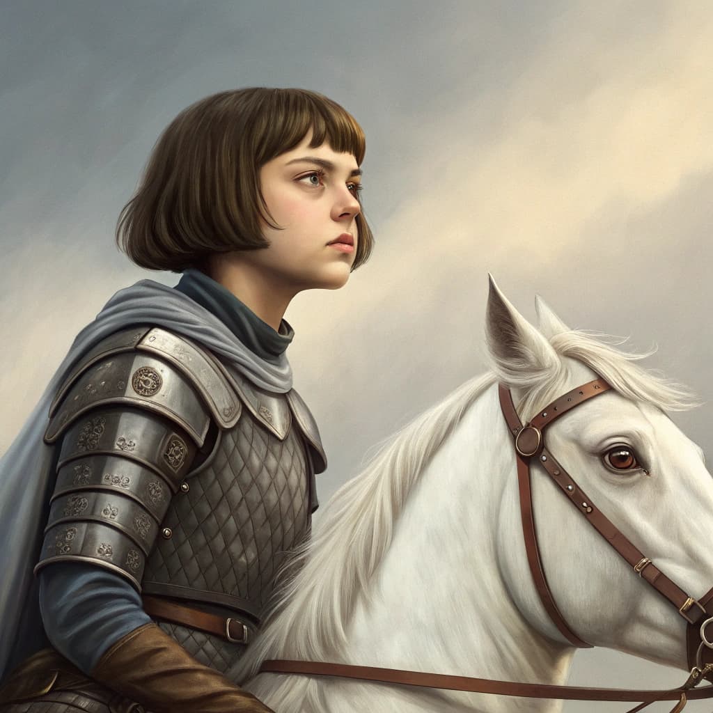 AI generated: Extremely detailed portrait of Joan of Arc on a white horse. she has big beautiful brown eyes and a ...