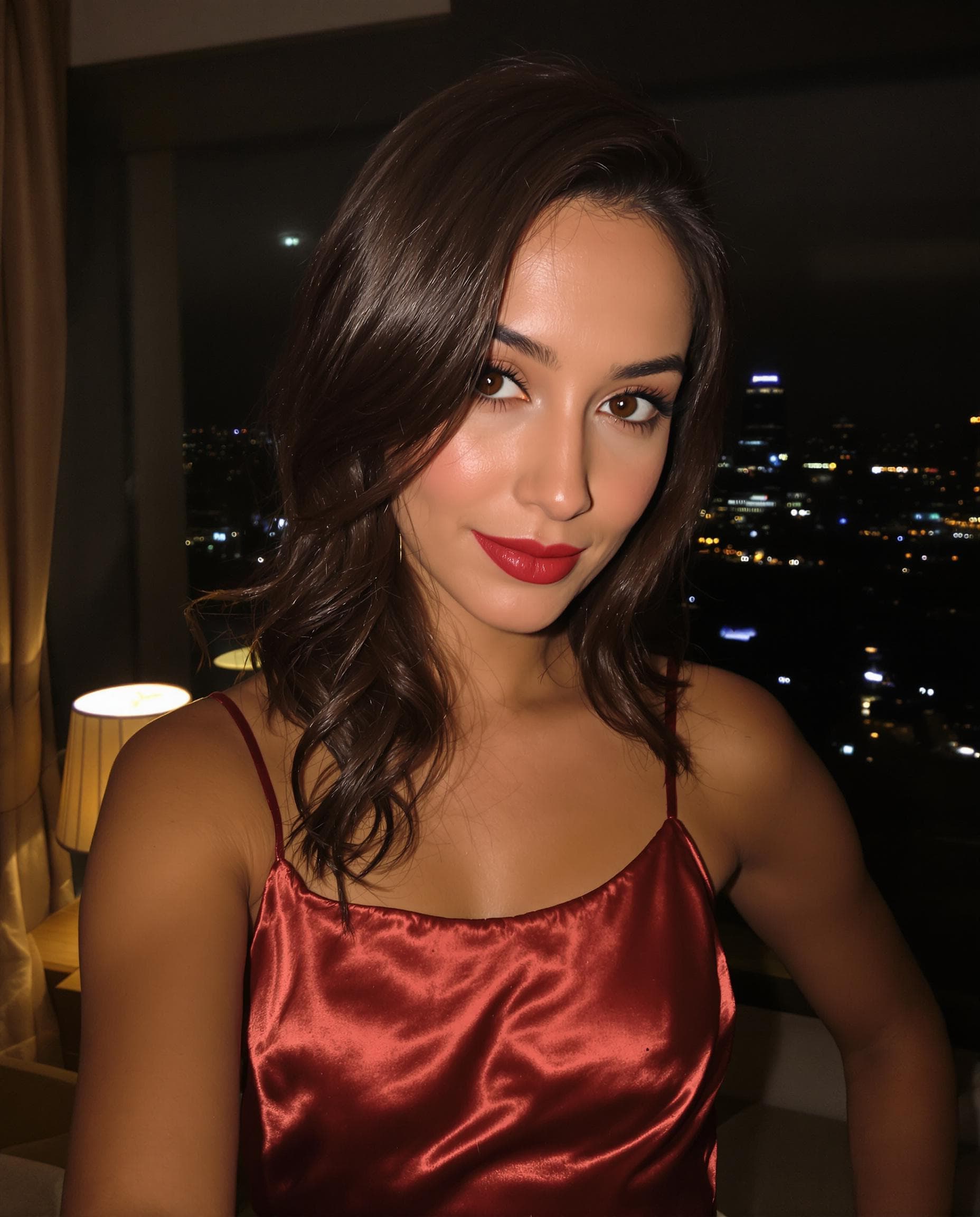 AI generated: A hyper-realistic, cinematic selfie of a 22-year-old brunette woman with deep brown eyes and wavy da...
