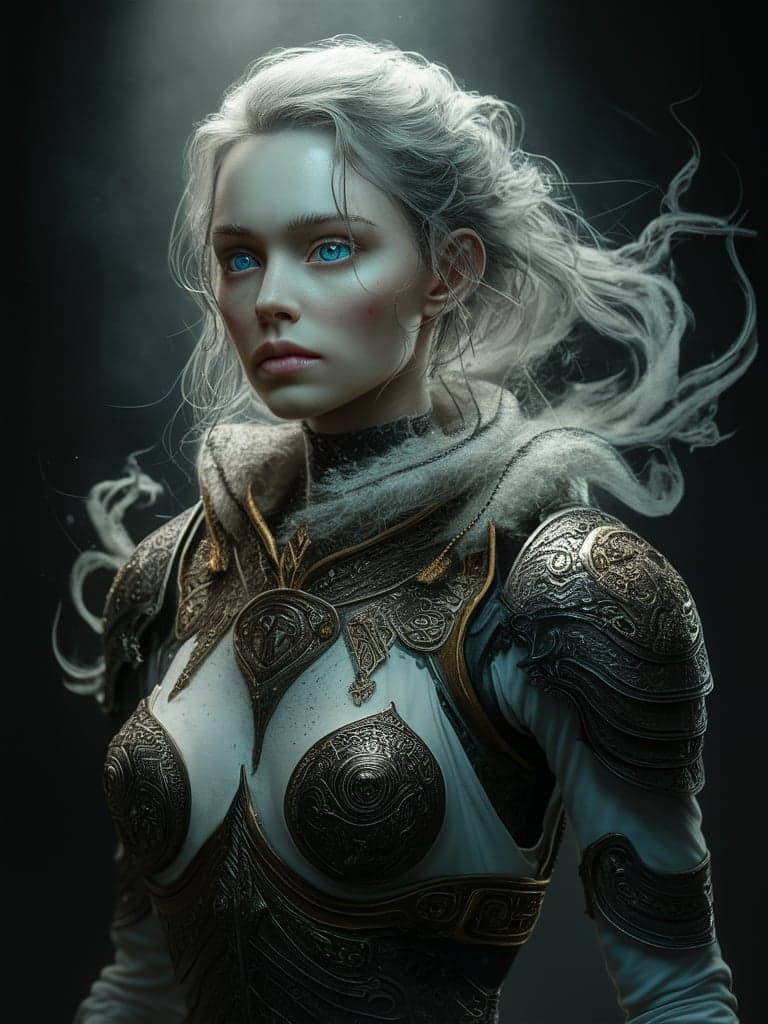 AI generated: humanoid android, covered in white porcelain skin, blue eyes, white wispy ghost wearing ornate armou...
