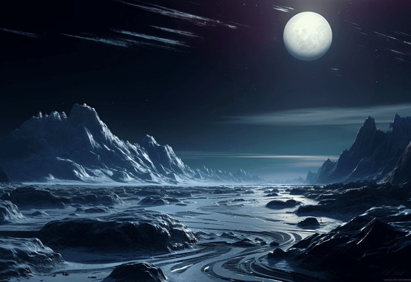 AI generated: Distant view of the icy surface of Pluto, with an illuminated gas giant planet in the sky. in the st...