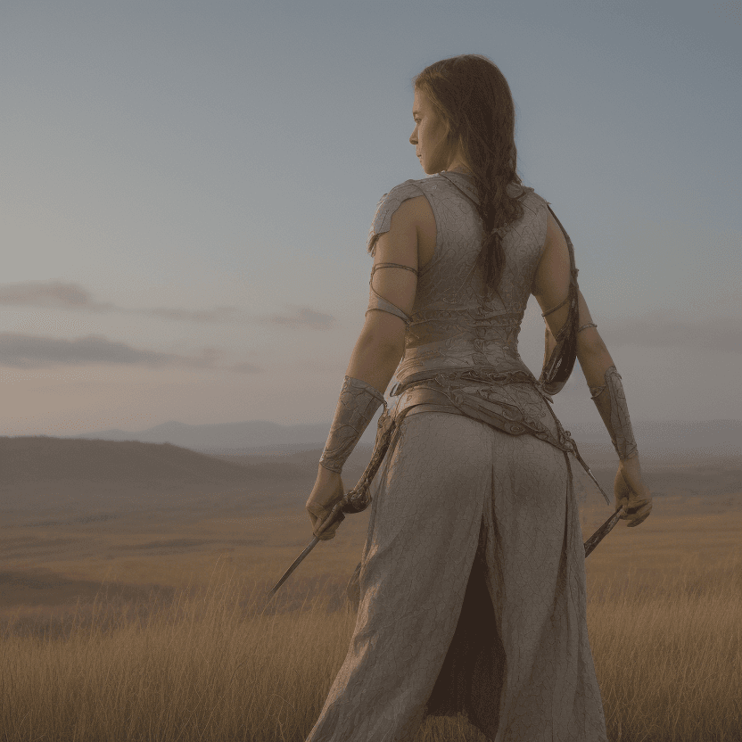 AI generated: A woman holding a longsword by the pummel at her side, long, braided raven hair, wears a silver brea...