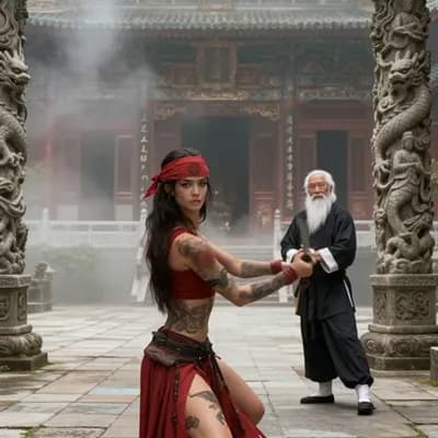 AI generated video: The woman practices with the sword with some thrusts and stabs while moving forward, the man in the ...