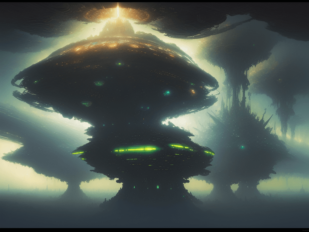 AI generated: Foglike transparent vision of a tubular spaceship in the sky, coming from another universe, made of ...