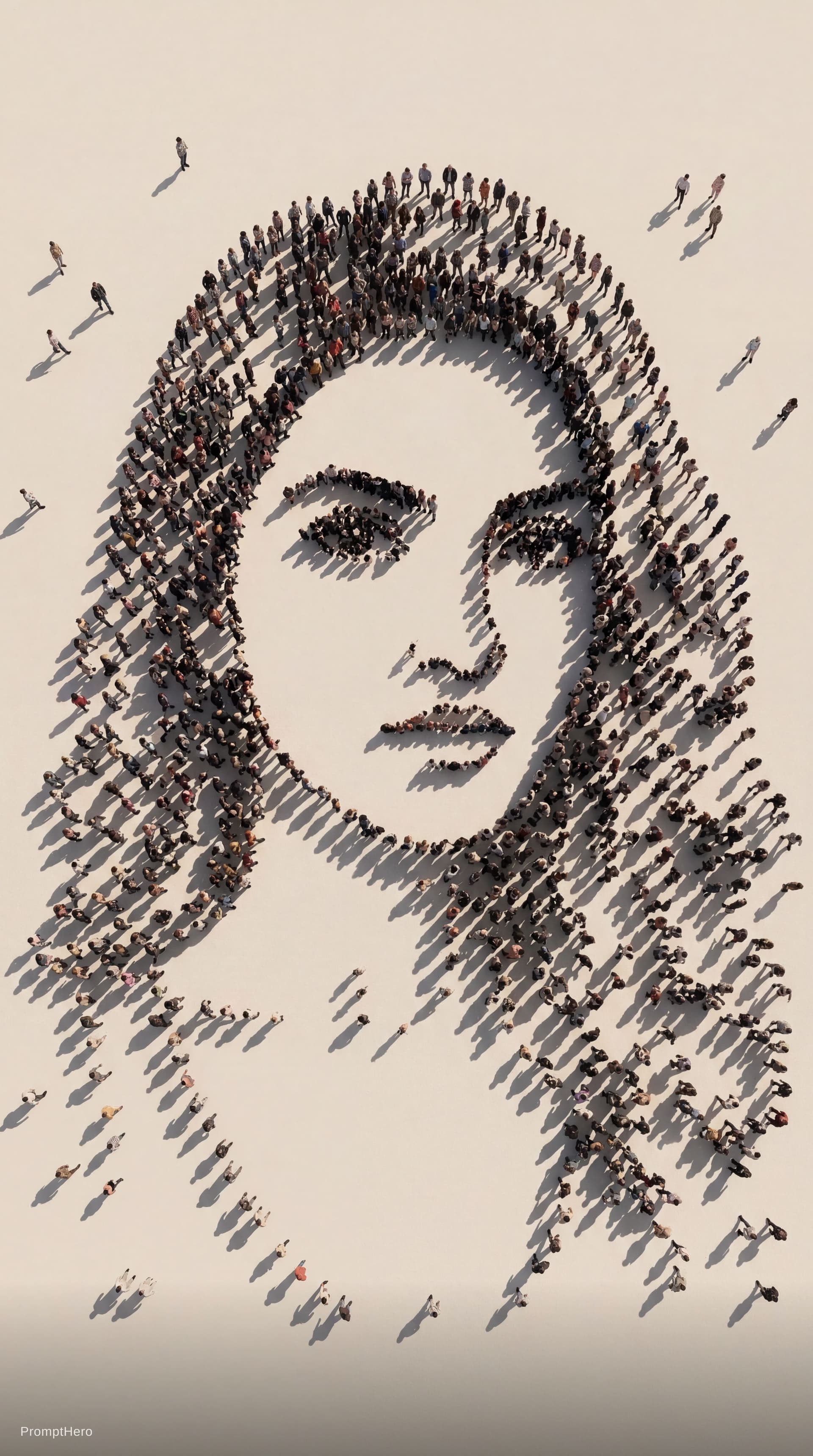AI generated: Conceptual aerial portrait created form hundreds of tini people forming the shape of my face, based ...
