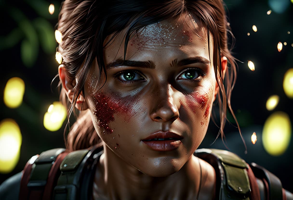 AI generated: 8k cinematic photography, close up, Ellie from the last of us game, (eye contact):2, dangerous look,...