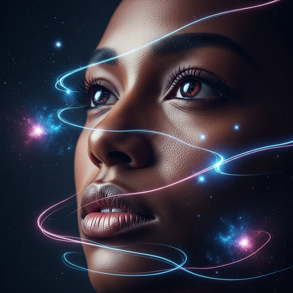 AI generated: Close-up of a serene, expressive face with dreamy eyes looking into the distance, surrounded by glow...