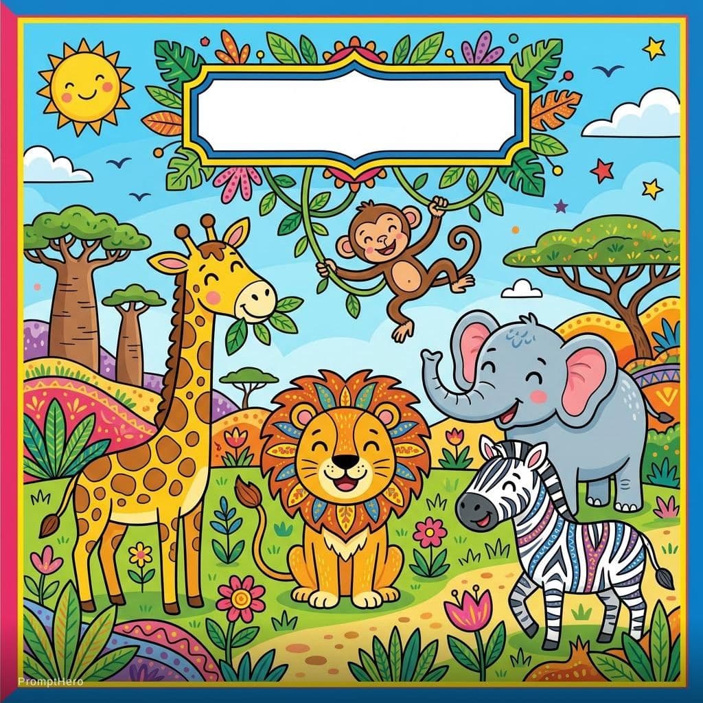 AI generated: "Colorful children's coloring book cover featuring a diverse group of happy animals including a smil...