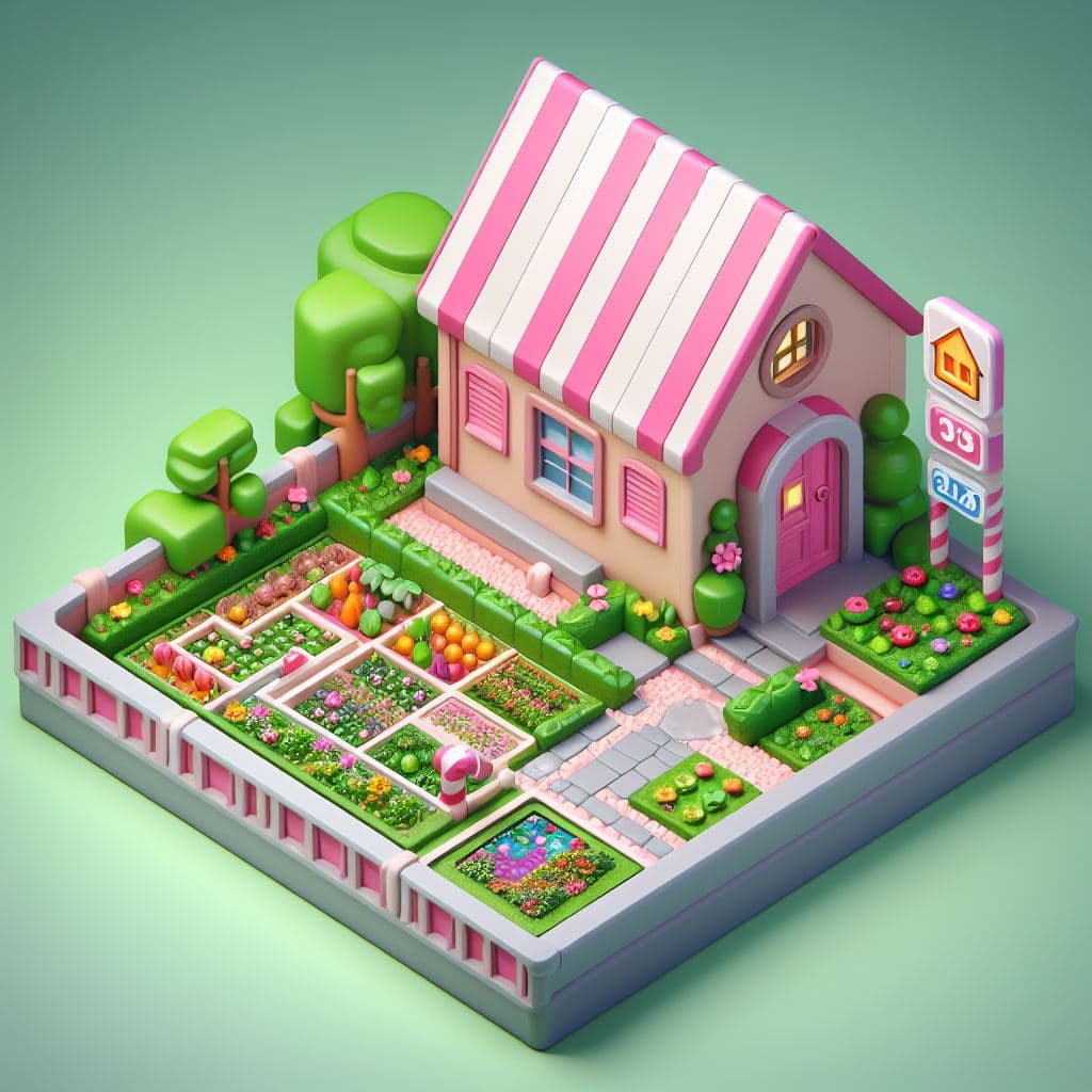 AI generated: imagine prompt candy crush saga, chalkware, house plan, isometric --no A pink flower beds --no wall ...