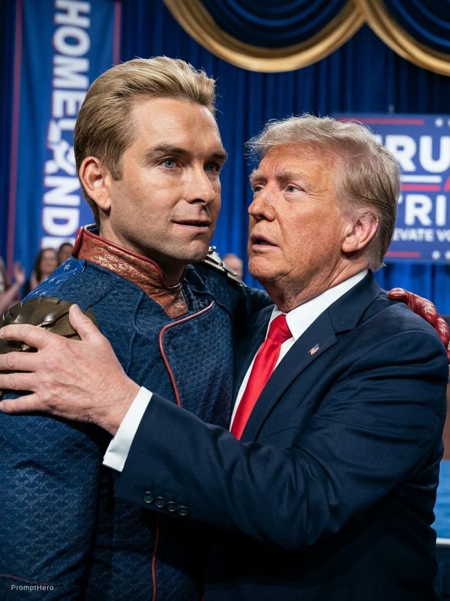 AI generated: Homelander hugging trump 