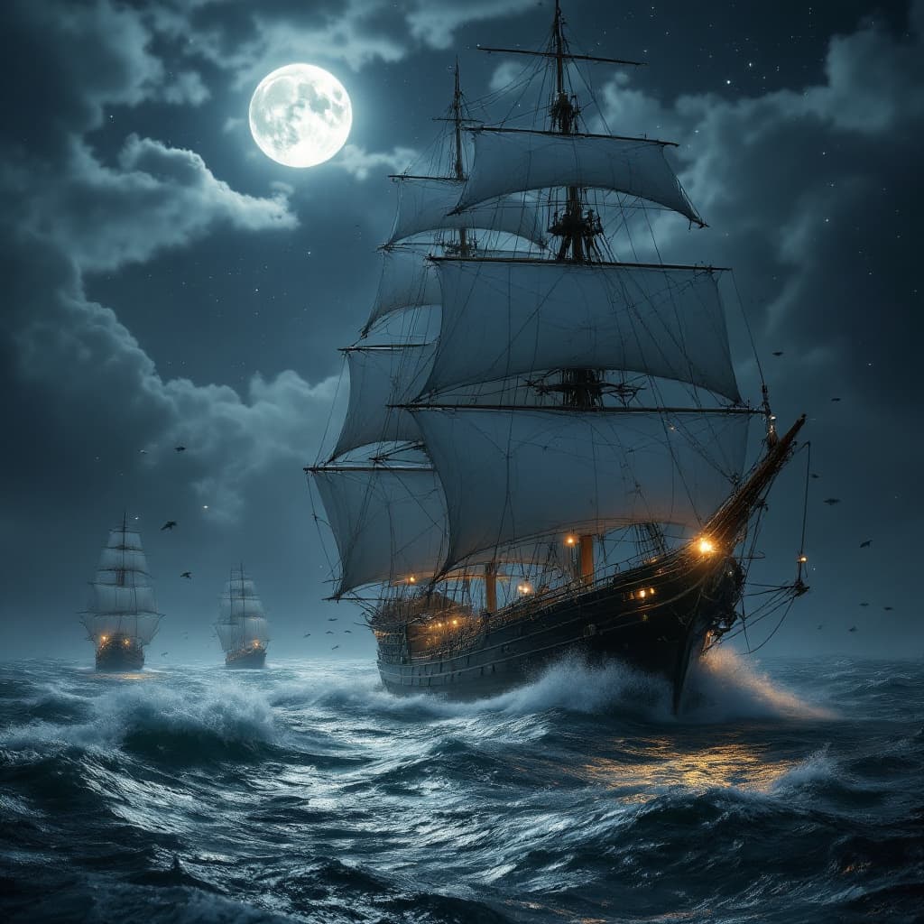 AI generated: Photo of an ultra-realistic sailing yacht the EOS, in dramatic moon light, stars across the sky, hea...