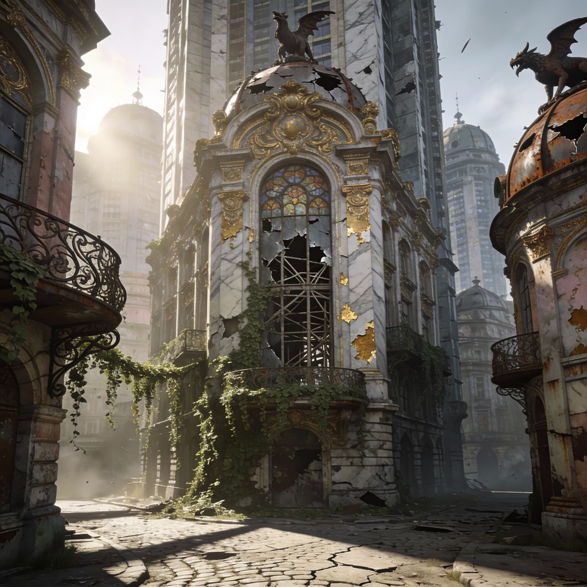 AI generated: Baroque rococo architecture, architectural photography, post apocalyptic New York, hyperrealism, hyp...