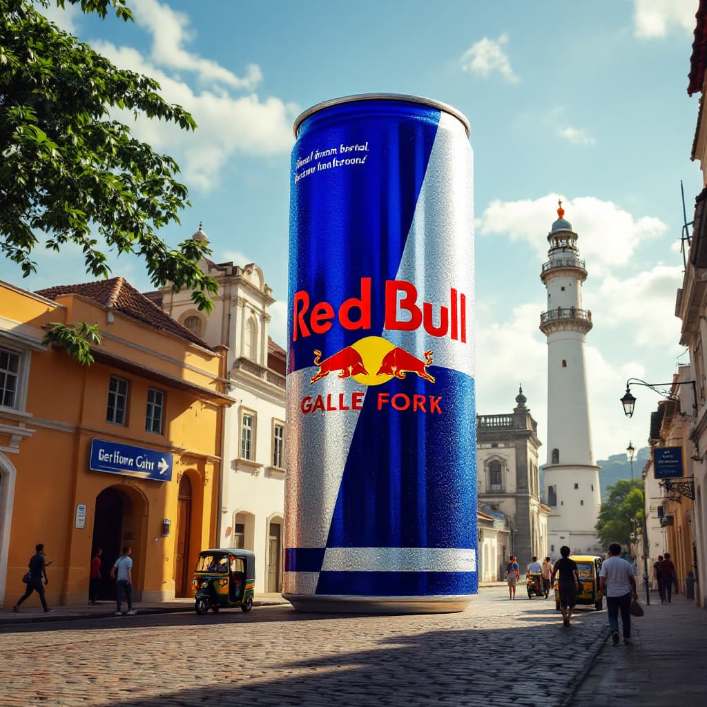 AI generated: A cinematic shot of a massive Red Bull can standing upright in the middle of Galle Fort’s iconic cob...