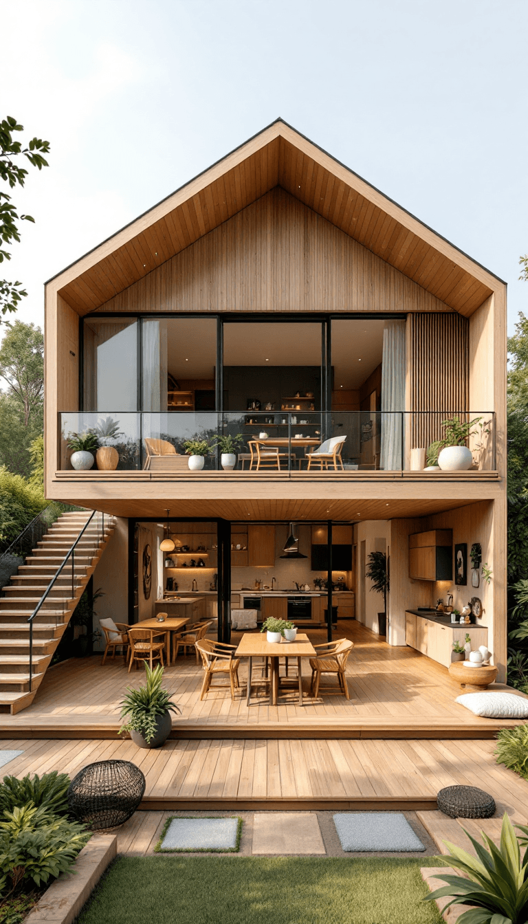 AI generated: A wide-angle shot of a two-story modern cottage house, with the second floor stretching across in wi...