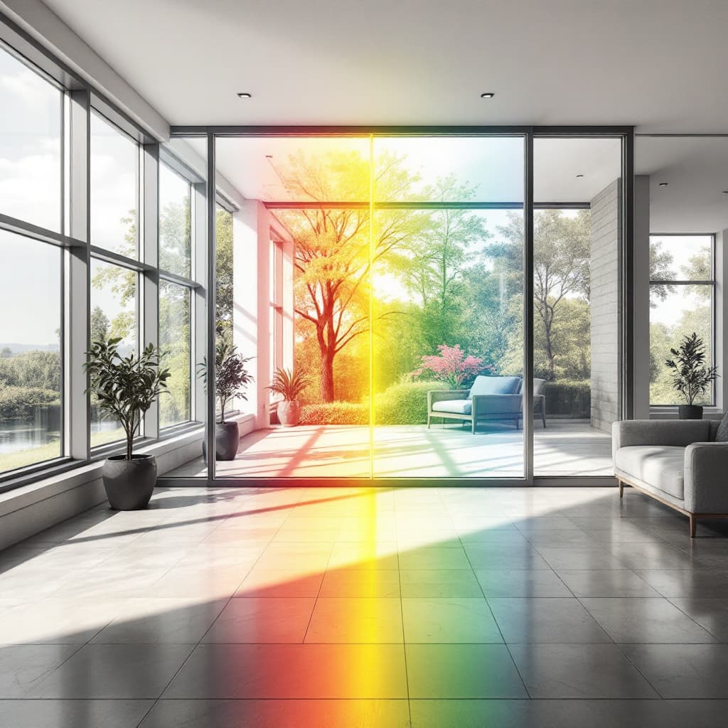 AI generated: Help me generate a picture of glass insulation film. The scene is a large floor-to-ceiling window, a...