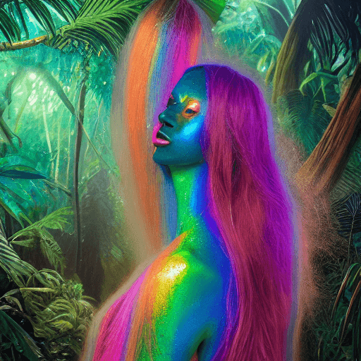 AI generated: This magnificent half human creature with rainbow iridescent skin color, shiny and sparkling, in the...