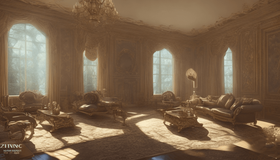 AI generated: Photograph of an ultra-realistic living room in the evening light. The room is beautifully illuminat...