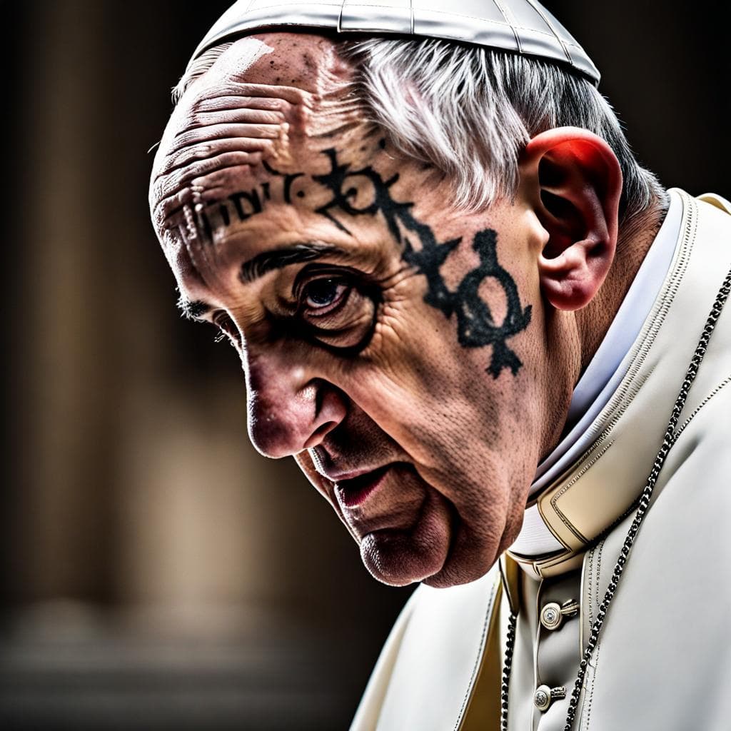 AI generated: Pope Francis with tattoos, (detailed stunning environment), cinematic, cover art, (low front angle),...