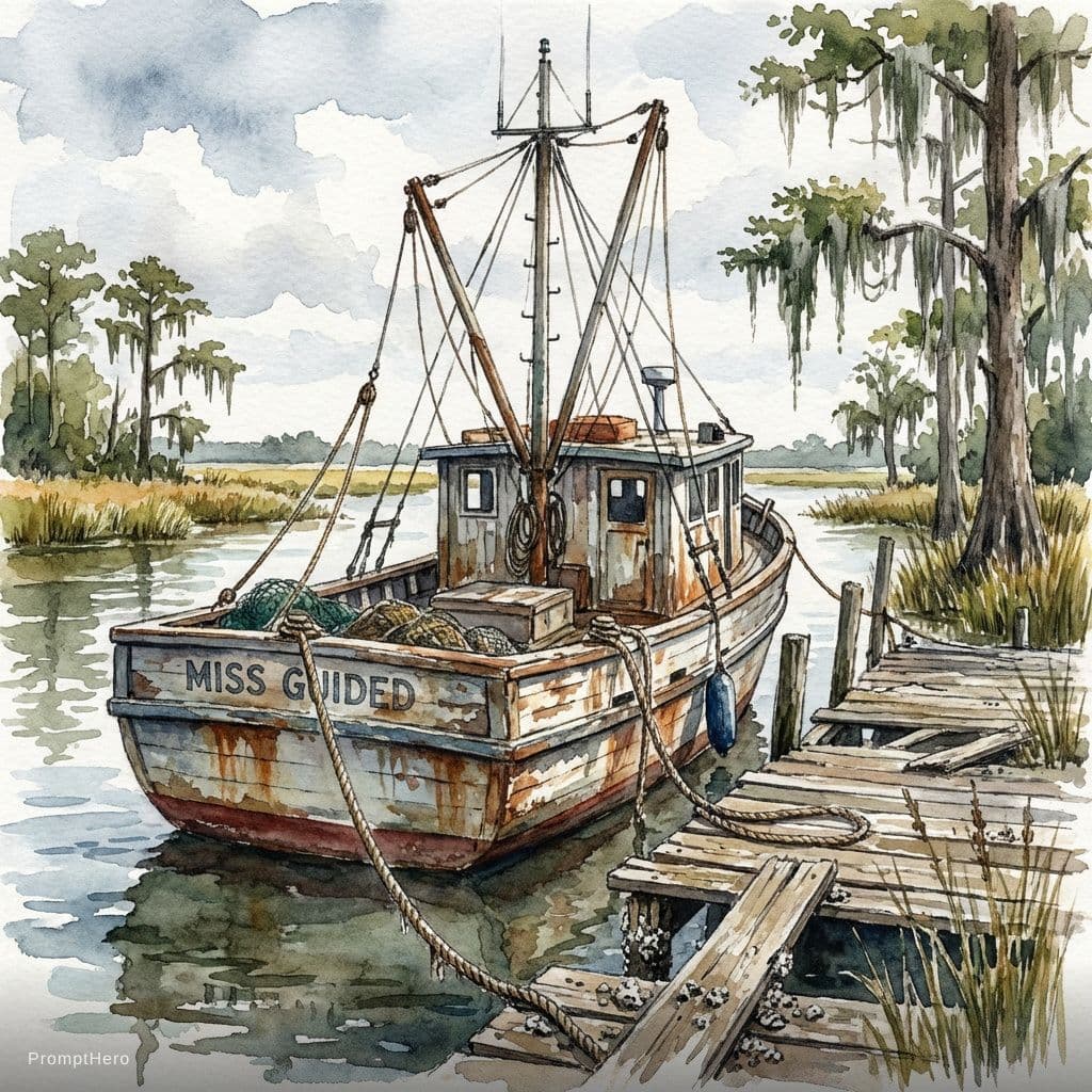 AI generated: highly derailed watercolor painting of a rustic, weathered shrimp boat tied to a weathered dock on a...