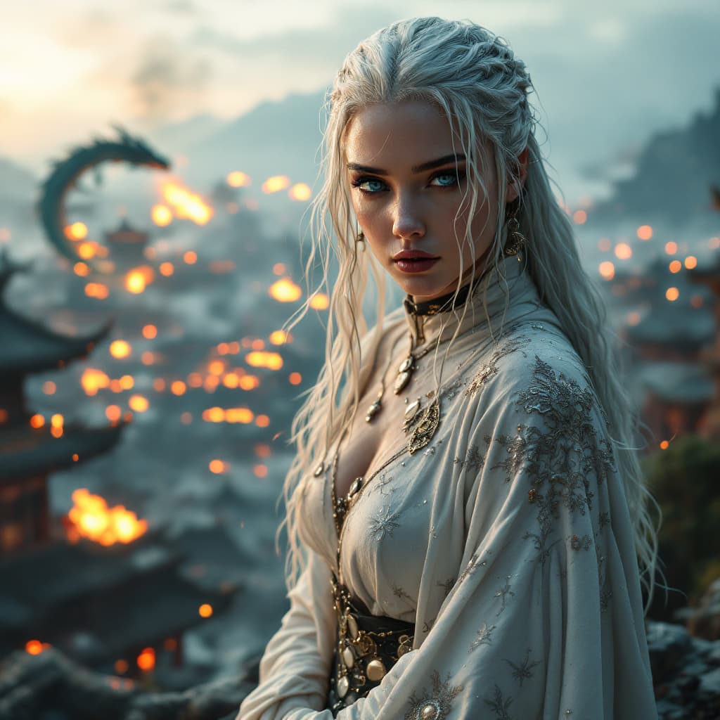 AI generated: Daenerys Targaryen at modern cyberpunk fantasy world.Covered in sweat,wet hair,she's clad in 
nun co...