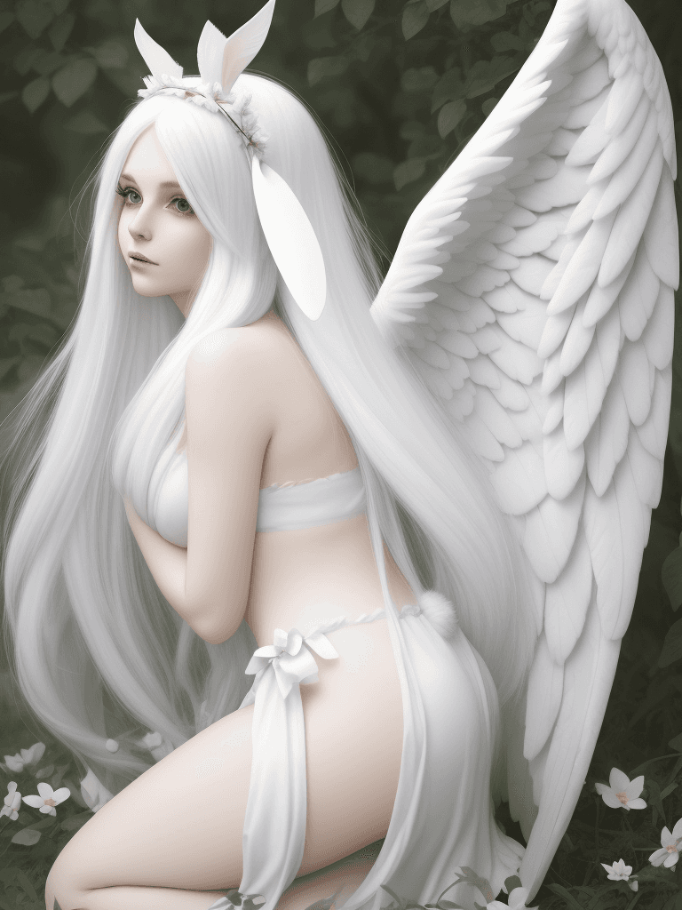 AI generated: Godess   angel wings, long white hair, rabbits