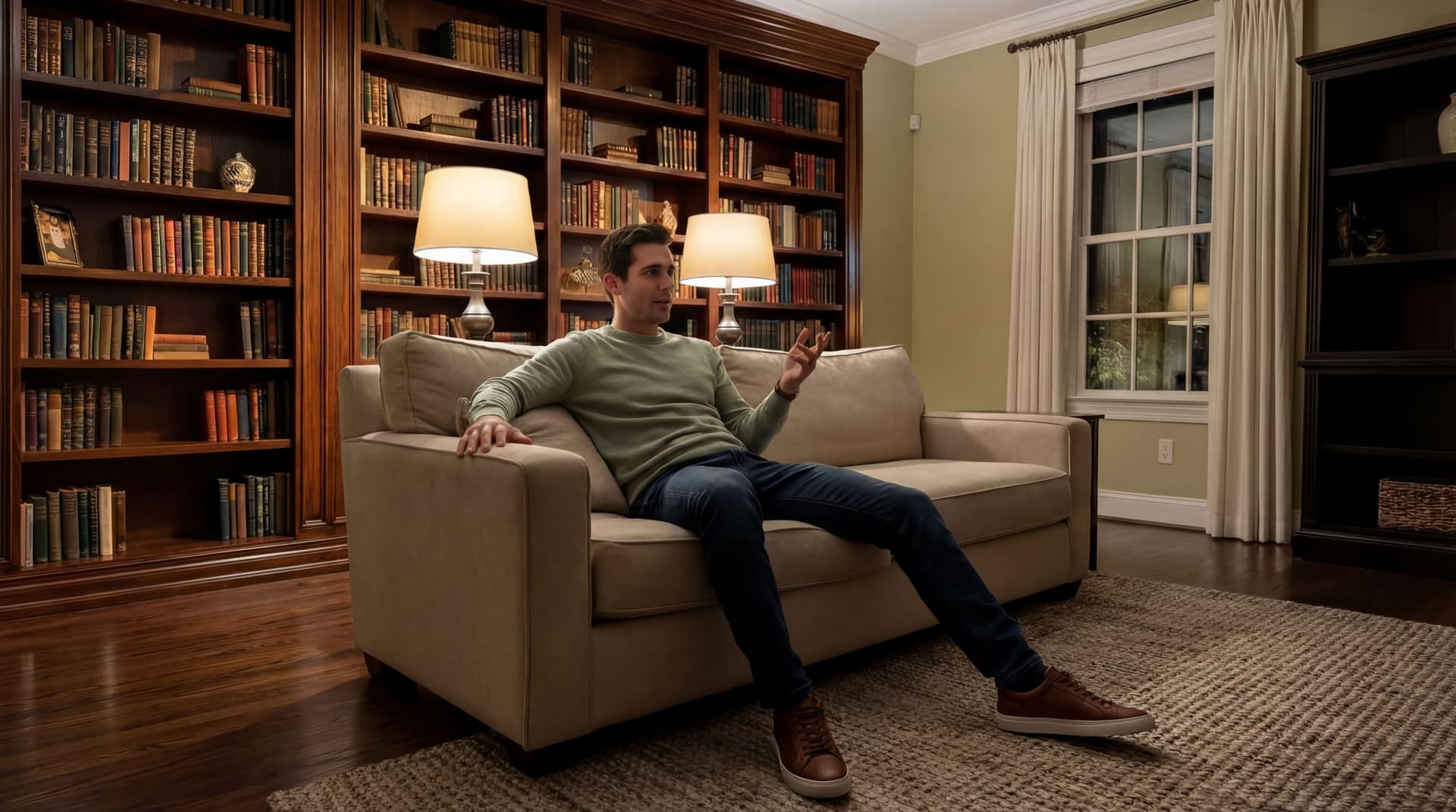 AI generated: Change the windows for the large bookshelf from the picture. 