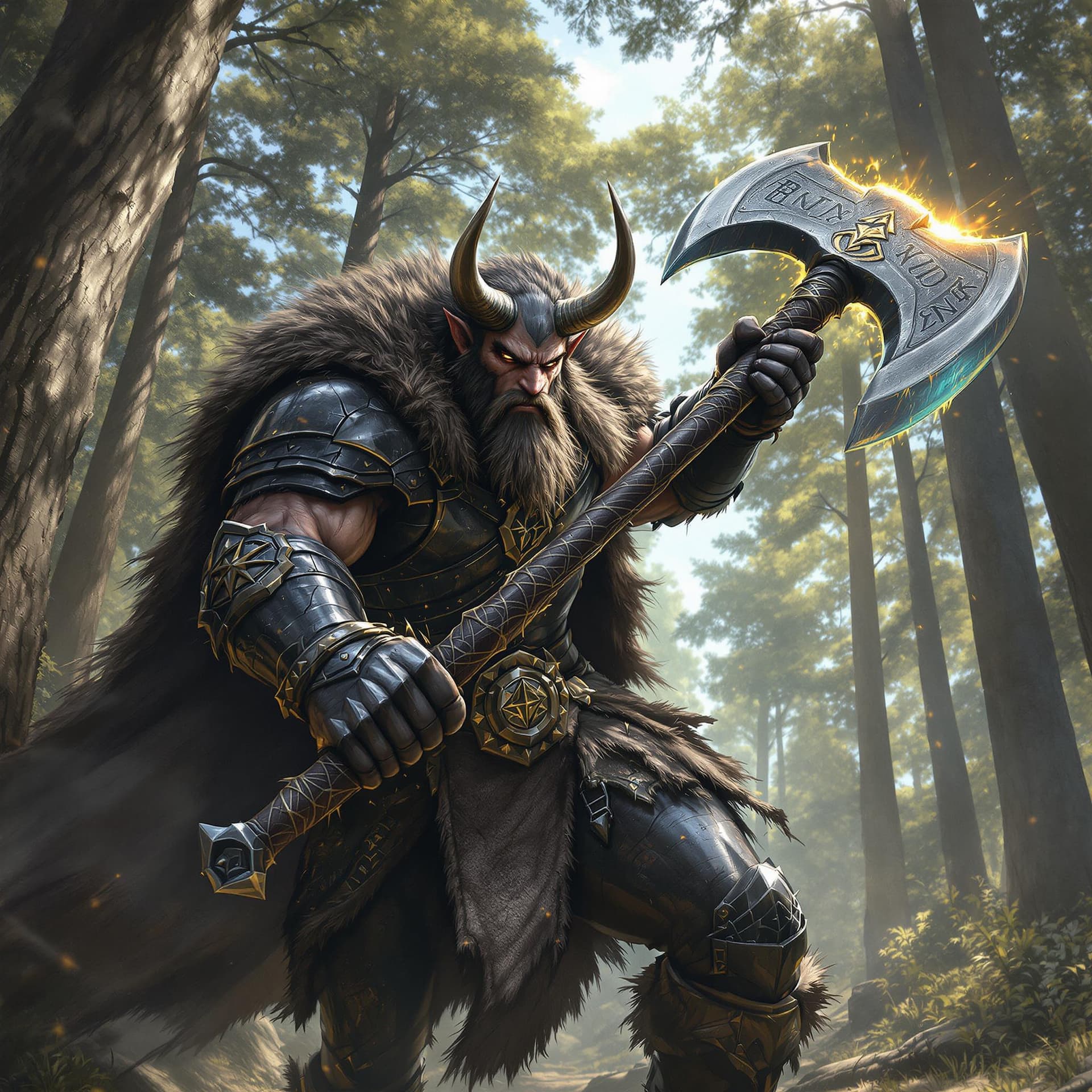 AI generated: A handsome-faced Minotaur barbarian warrior, clad in battered black chrome armor, charges forward in...