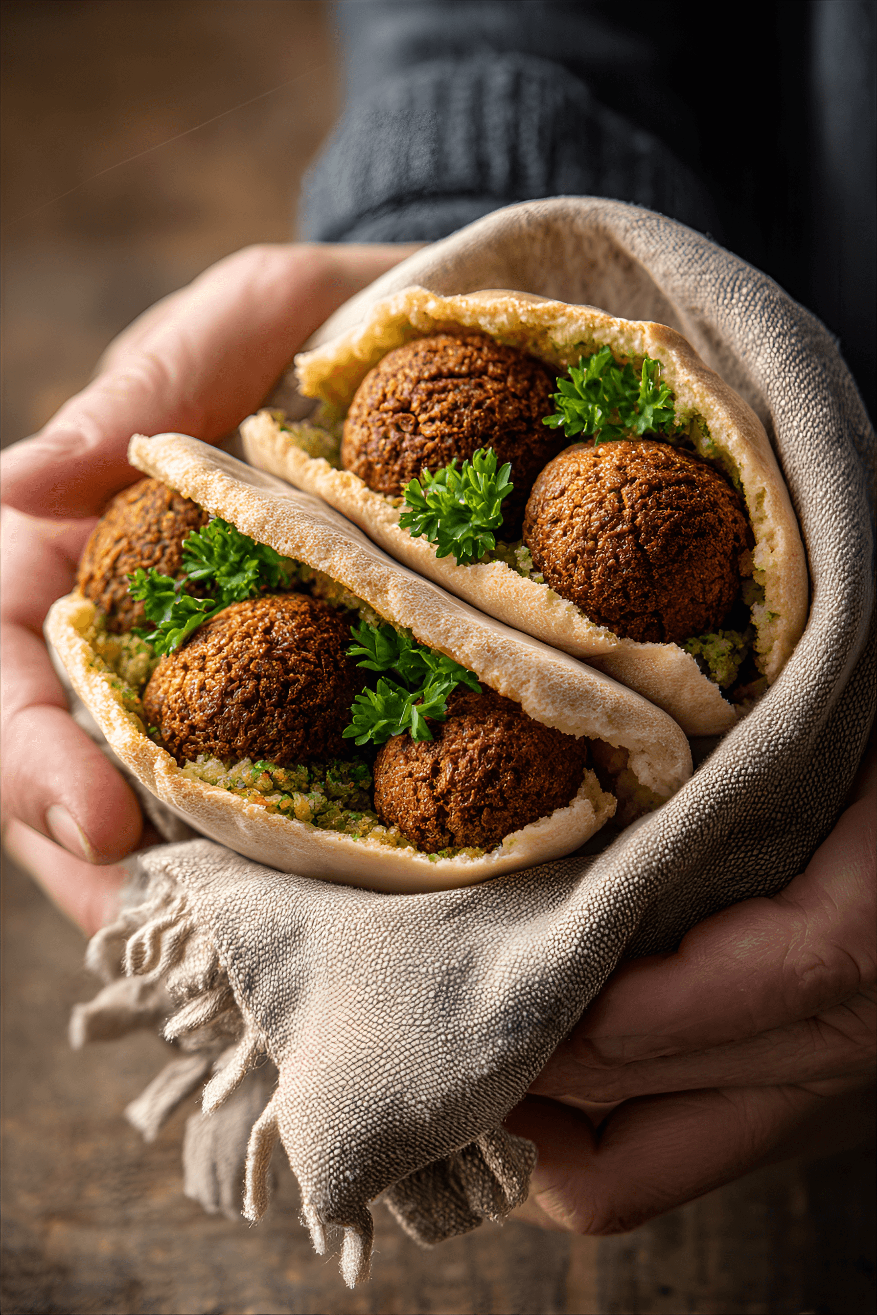 AI generated: falafel in a pita pocket, held in hands,  crispy brown falafel balls with a slightly green interior,...
