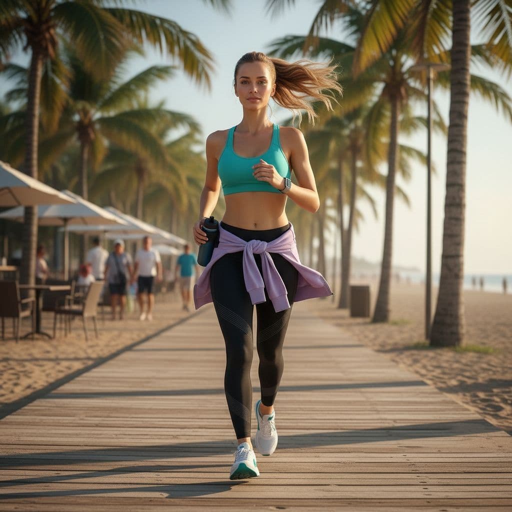 AI generated: Sarah maintains a steady rhythm as she jogs along the palm-lined beach path, her athletic frame movi...