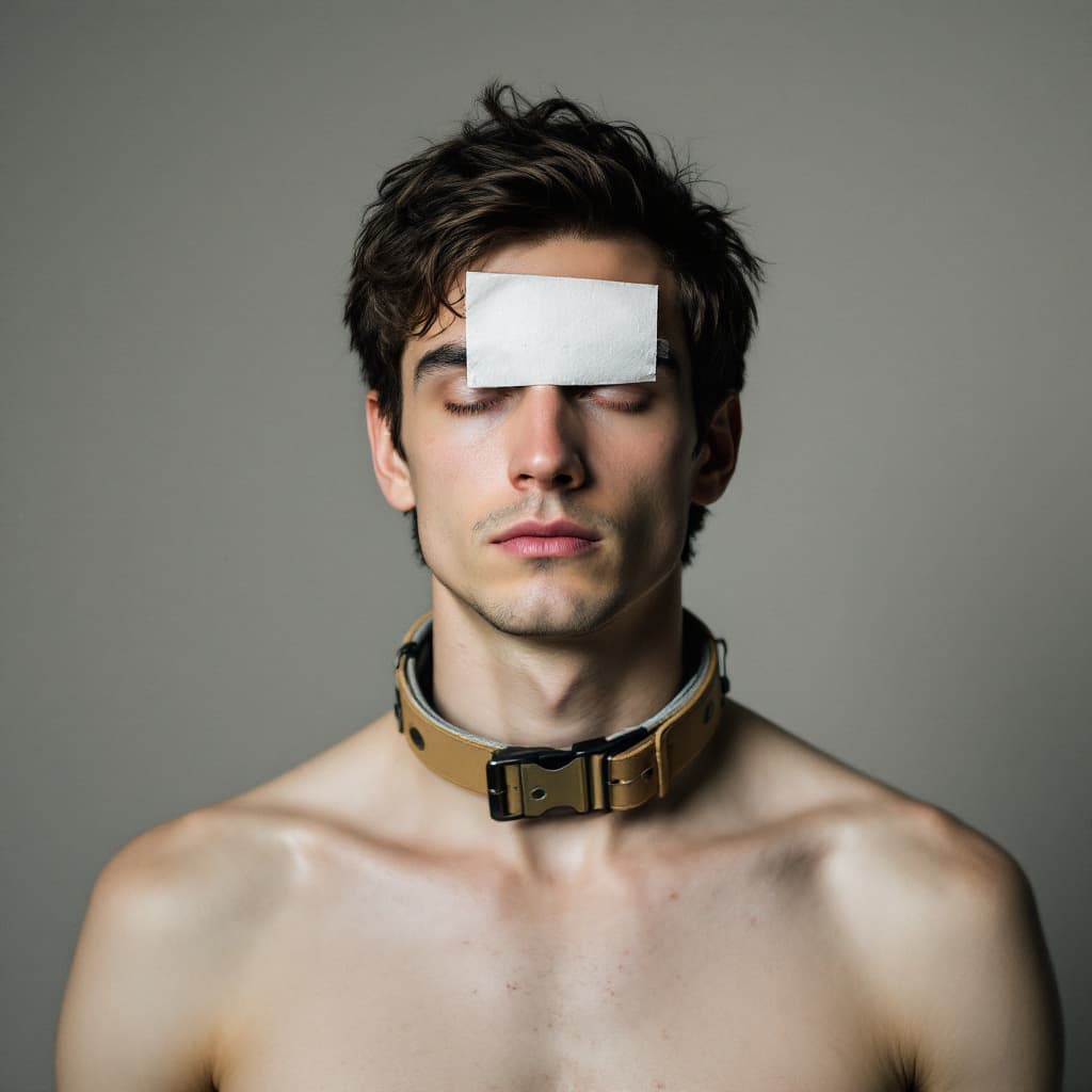 AI generated: A male model with a dog collar around his neck. A paper cup is stuck to his forehead.