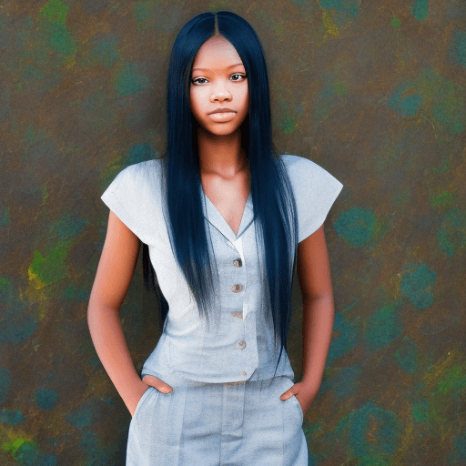 AI generated: girl dressed in a samuray suit, with long black hair, green eyes and dark skin.