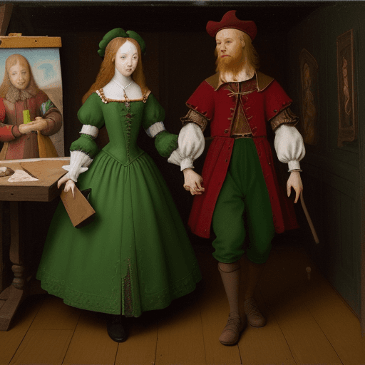 AI generated: Painting of the Arduous in the style of Jan van Eyck, an old wooden table on which are placed two sh...