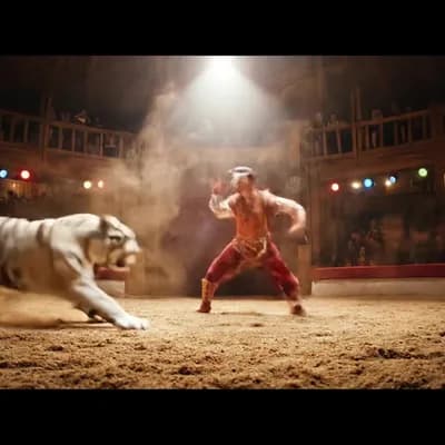 AI generated video: A hyper-realistic cinematic video of a white tiger tamer inside a dusty circus arena. The tamer stan...