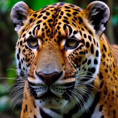 AI generated video: uma imagem de uma onça pintada, realista, de olho direto para a camera, com ar de caçadora