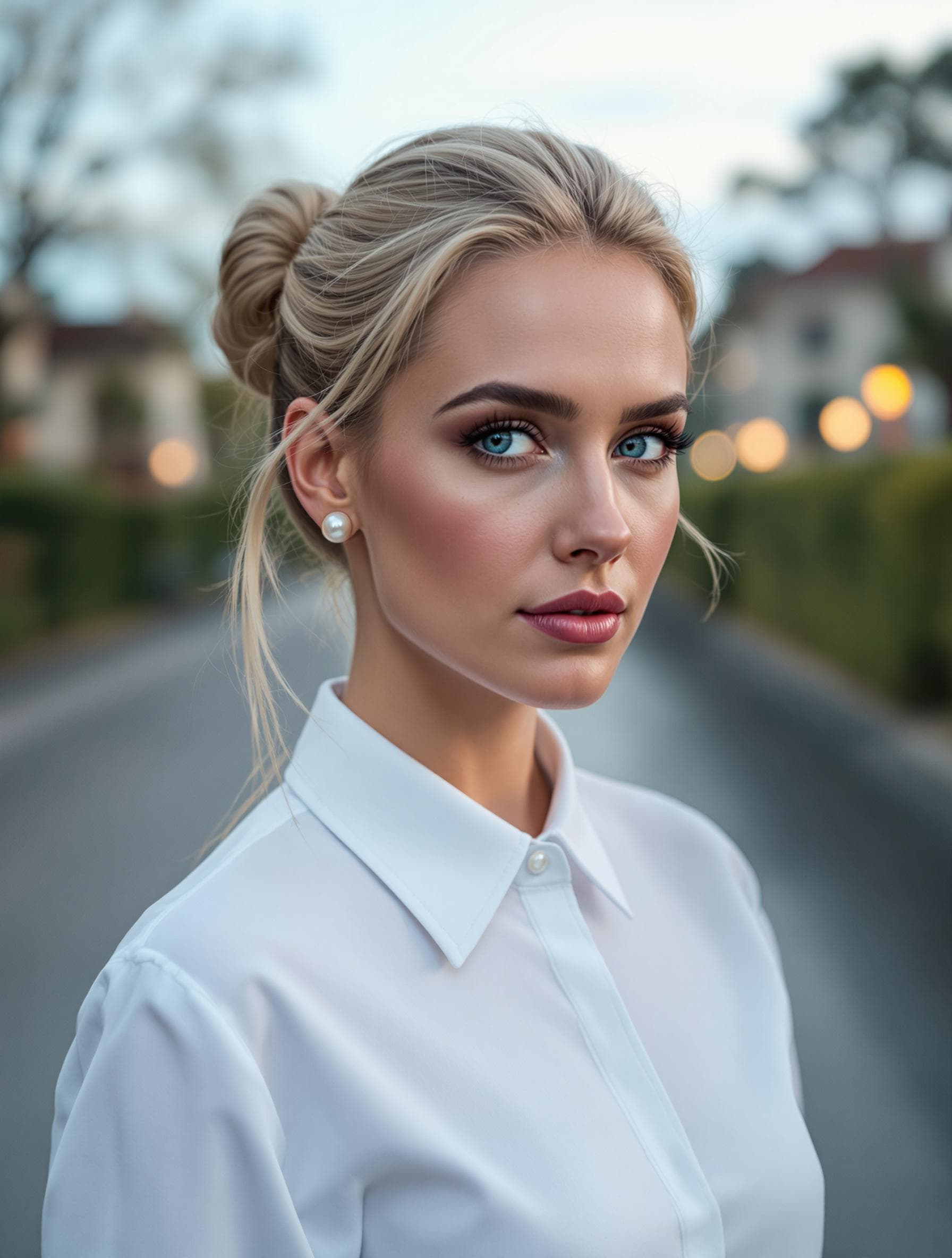 AI generated: A woman with golden blonde hair styled into a flawless chignon, 25yo, her appearance tidy and unders...