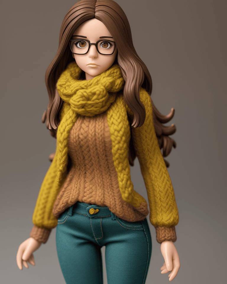 AI generated: action figure of a girl, with brown and hair, olive eyes, glasses, wearing a teal knitted puffy swea...