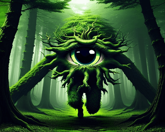 AI generated: living tree monster. 8 eye. runing in a forest.