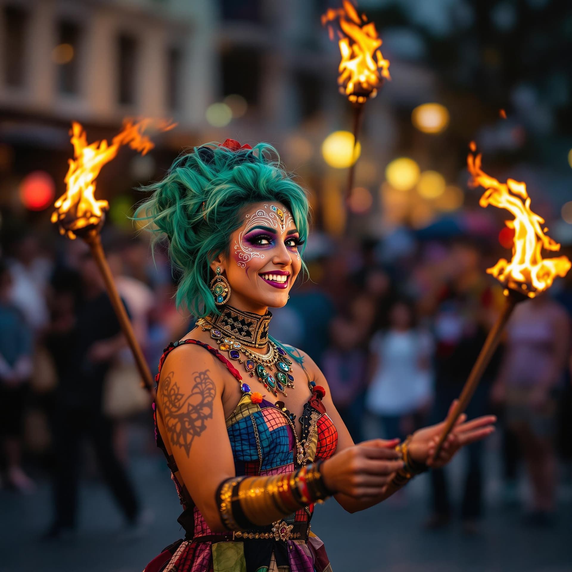 AI generated: A lively street performer in her early 30s captivates a small crowd in a bustling city square. She h...