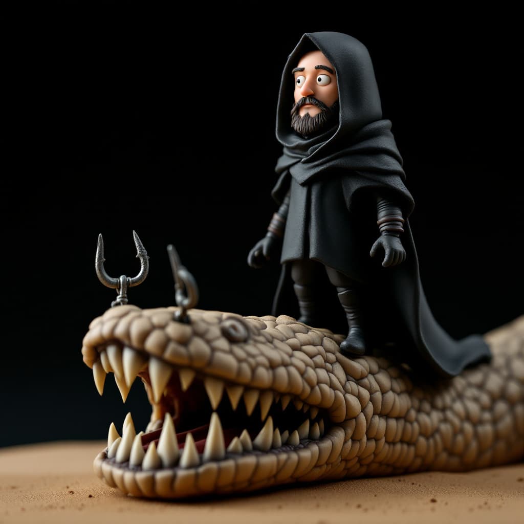 AI generated: Plasticine figure of Paul Atreides from the movie “Dune”, wearing a black freeman desert dweller cos...