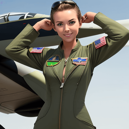 AI generated: beautiful american air force fighter pilot girl. She is wearing a loose-fitting, green, one-piece fl...