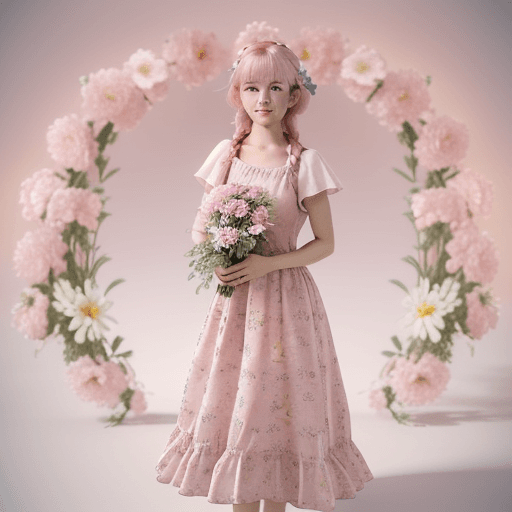 AI generated: A cute kind-hearted and nurturing young girl, with side braid pink hair, round face, soft smile line...