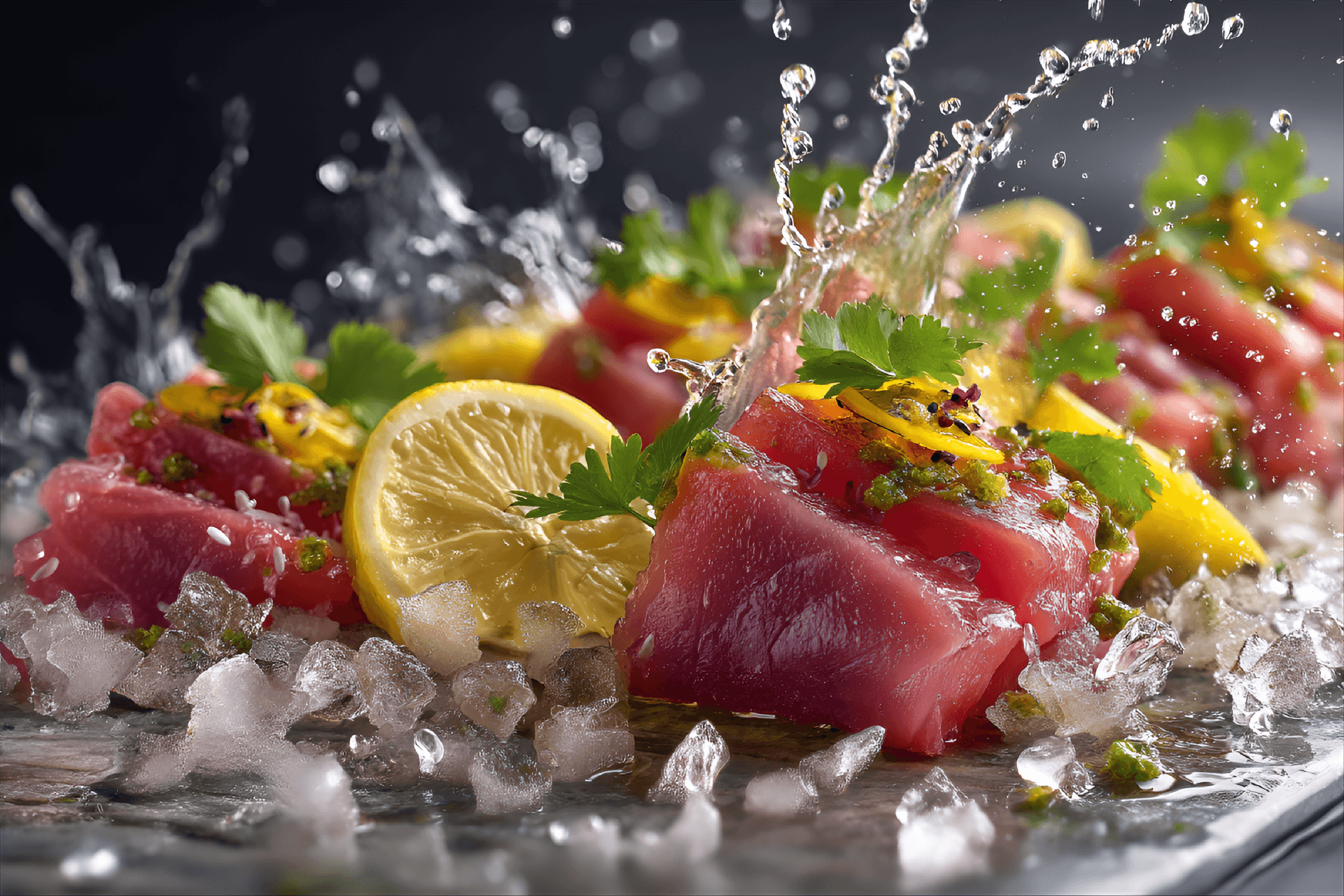 AI generated: vibrant fresh sashimi slices surrounded by  water splashes, garnished with fresh green cilantro and ...