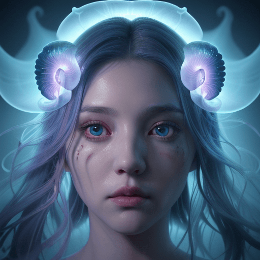 AI generated: Goddess close-up portrait ribcagel. jellyfish phoenix head, nautilus, orchid, skull, betta fish, bio...
