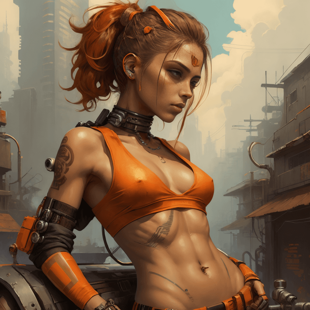 AI generated: illust, cyberpunk,crop-top, small breasts,abs,detail drawing, orange, girl, mechanic, paint, ink, sm...