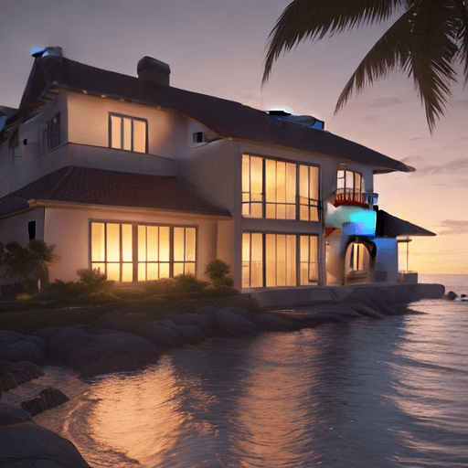 AI generated: a 4k ultrarealistic photorealistic seaview mansion, during slightly cloudy evening and sunset. The h...