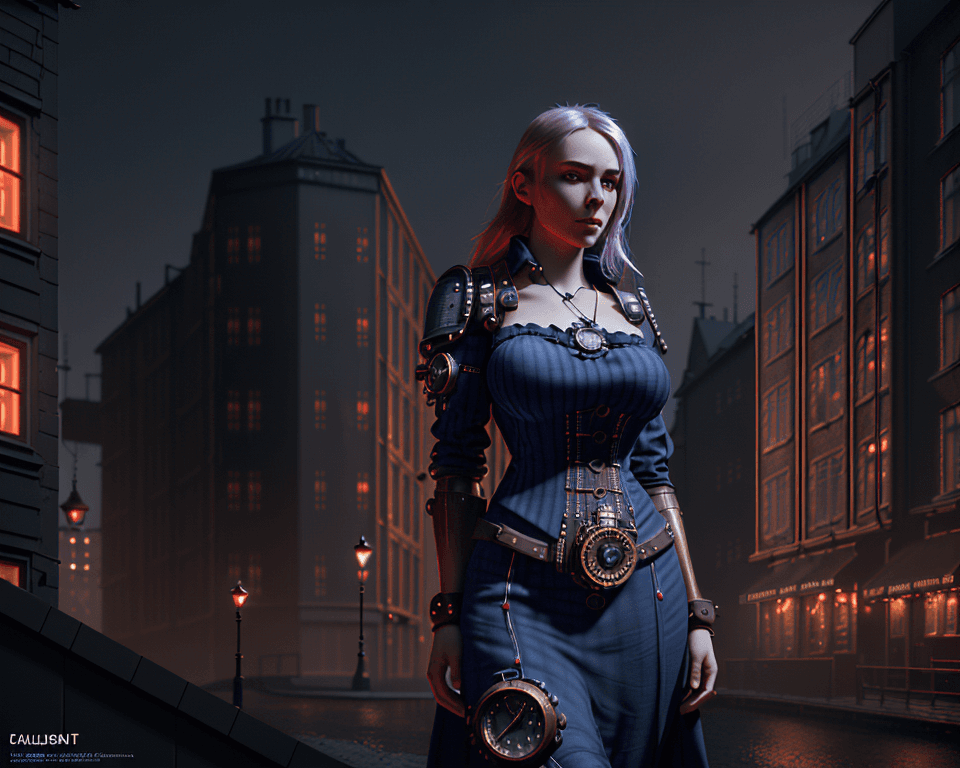 AI generated: 12K, HRD, film grain, 100 ASA. The image conteins beautiful scandinavian woman, steampunk, dark indi...