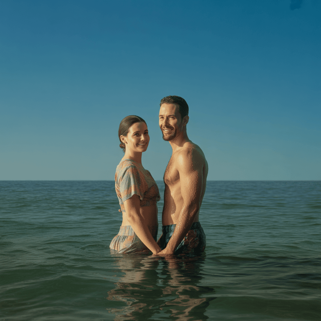 AI generated: half-body cinematic shot of a married couple standing together in the sea, water reaching just below...