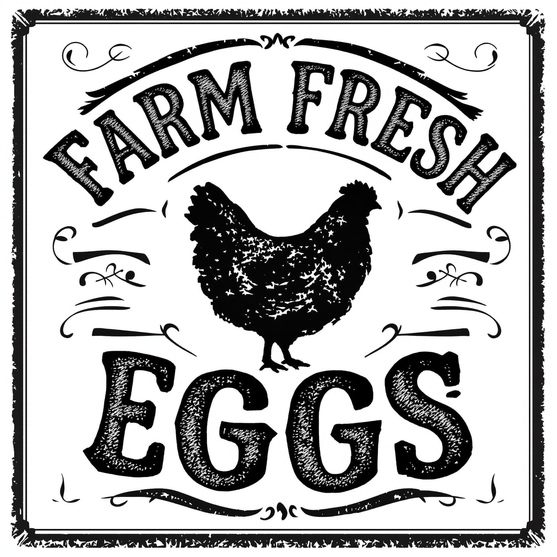 AI generated: Create a vintage-style graphic design featuring the text "FARM FRESH EGGS" with a silhouette of a he...
